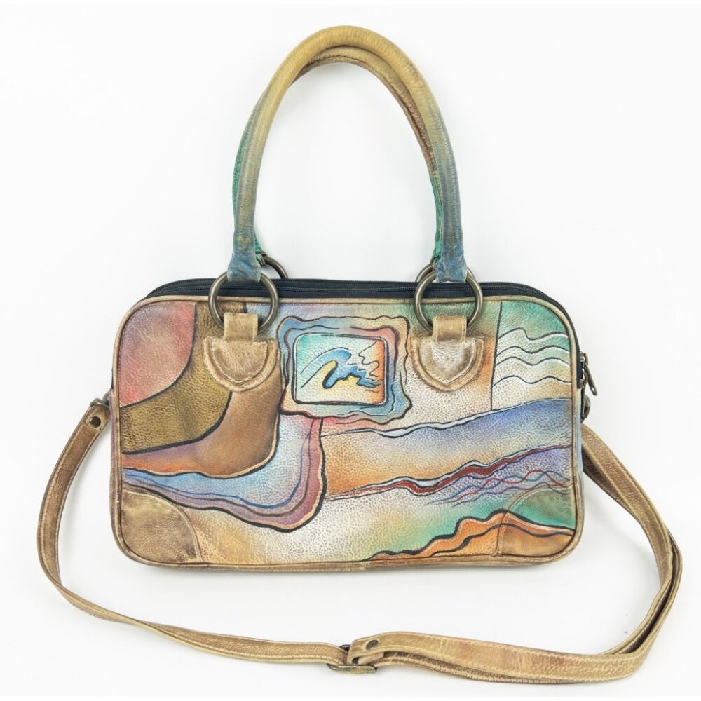 Anuschka Hand Painted Leather Satchel Bag Multicolor Brown Floral Art Purse